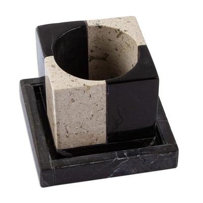 Attractive Opposites,'Square Travertine and Black Marble Planter with Saucer'