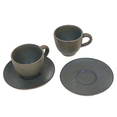 Memory,'Hand Crafted Ceramic Tea Cups with Saucers in Grey (Pair)'