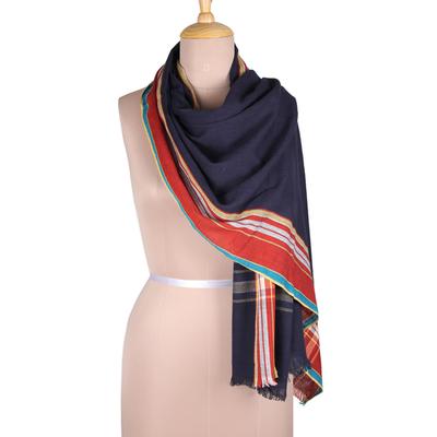 Magical Midnight,'Handwoven Navy and Multicolored Cotton Shawl from India'