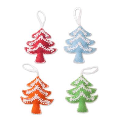 Vibrant Trees,'Assorted Wool Tree Ornaments from Peru (Set of 4)'