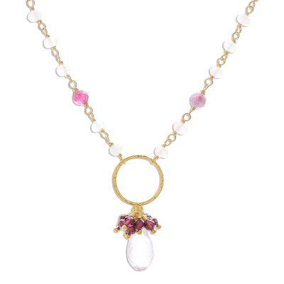Sweet Surprise,'Rose Quartz and Tourmaline Gold Plated Pendant Necklace'