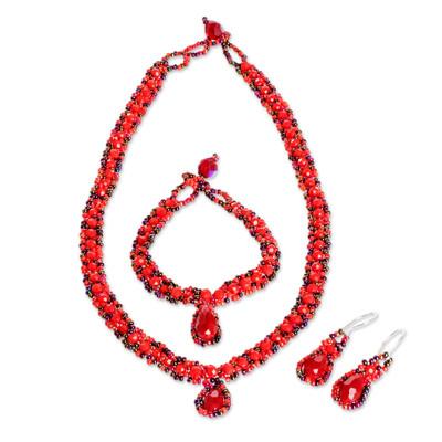 Finesse in Red,'Beaded Pendant Necklace Earrings and Bracelet Jewelry Set'