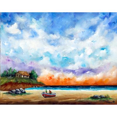 Sea at Sunset,'Signed Stretched Impressionist Oil Painting of a Sunset View'