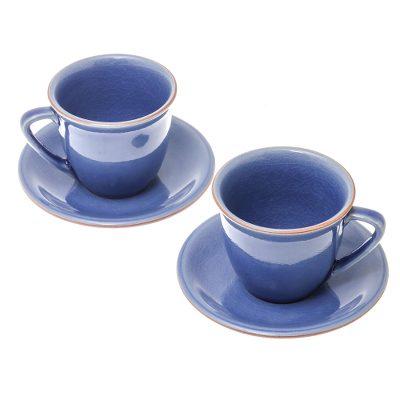 Sublime Simplicity,'Handcrafted Blue Crackle Ceramic Cups and Saucers (Pair)'