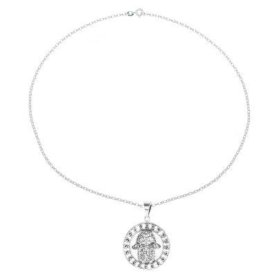 Encircled Hamsa,'Sterling Silver Hamsa Motif Circular Pendant Necklace'