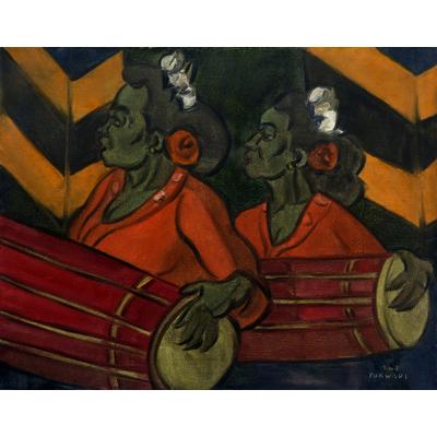 Gendang Players,'Oil on Canvas Portrait of Javanese Gamelan Drummers'