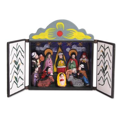 'Bethlehem in Lucanas' - Unique Peruvian Folk Art Wood Retablo Sculpture