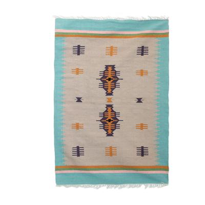 Beach Caravan,'4x6 Wool Dhurrie Rug with a Border in Mint from India'
