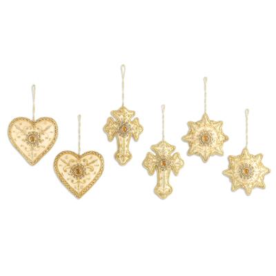 The Spirit of Christmas,'Gold Embroidered and Beaded Christmas Ornaments (Set of 6)'