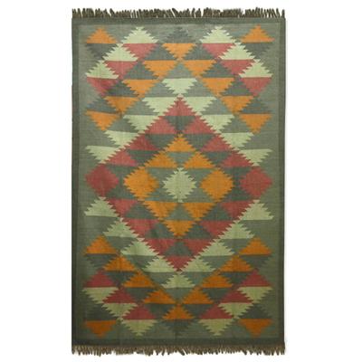 Kashmir Kaleidoscope,'Jute Area Rug Natural Dyes Indian Dhurrie (6x9)'