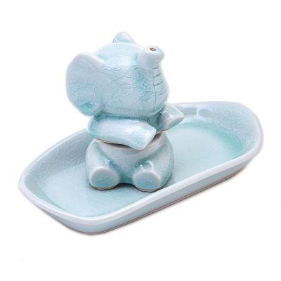 Magic Elephant in Aqua,'Celadon Elephant Salt and Pepper Set in Aqua (3 Pieces)'