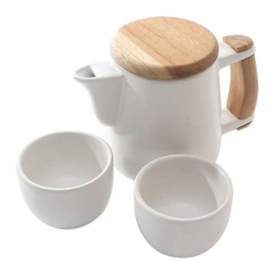 Midday Tea in White,'Handcrafted Ceramic and Teak Wood Tea Set (Set for 2)'