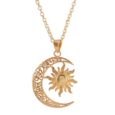 Sacred Duo,'Sun and Crescent Moon 22k Gold-Plated Pendant Necklace'