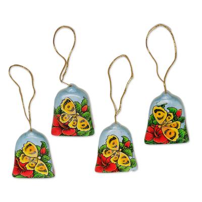 Bells and Butterflies,'Hand Painted Bell Ornaments with Butterflies (Set of 4)'
