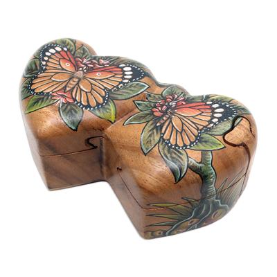 'Hand-Painted Double Heart Wood Butterfly Puzzle Box'