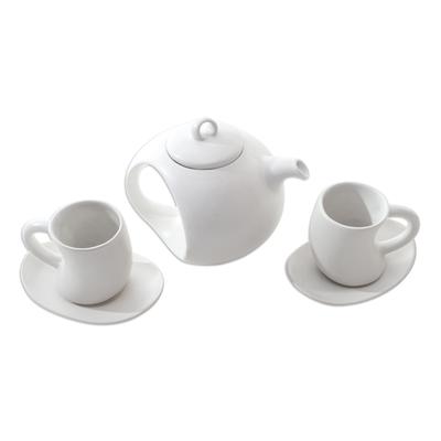 Pour the Tea in White,'Hand Crafted White Ceramic Tea Set (Set for 2)'