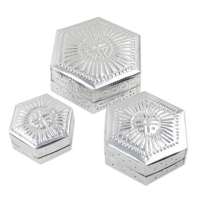 Hexagonal Palace,'Set of 3 Repousse Hexagonal Aluminum Decorative Boxes'