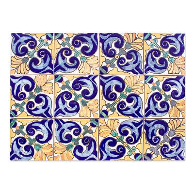 Colorful Fans,'Handmade Talavera-Style Tiles (Set of 12)'