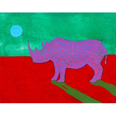 Blue Moon,'Oil and Acrylic on Wood with Rhinoceros Under the Moon'