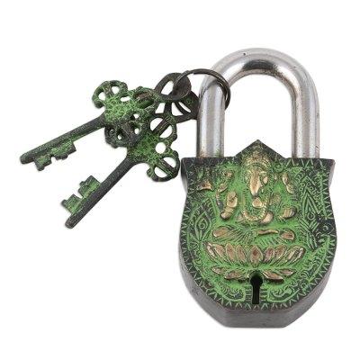 Ganesha's Treasure,'Brass Lock and Key Set with Antique Finish (3 Pieces)'