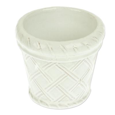 Vintage Diamonds,'Handmade Rustic Ceramic Flower Pot in White from Mexico'