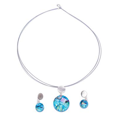 Luminous Discs,'Aqua Dichroic Art Glass Necklace & Earrings Jewelry Set'