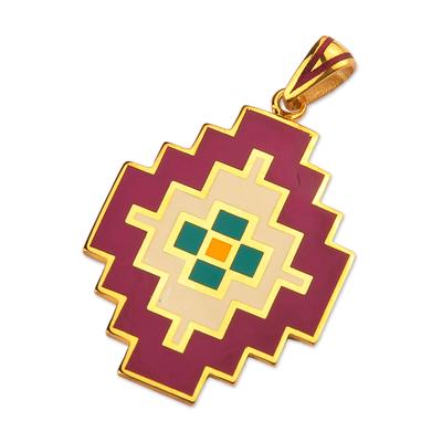 'Armenian Classic Carpet-Themed Gold-Plated Enamel Pendant'