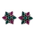 Fabulous Harmony,'Pink and Green Onyx Sterling Silver Floral Button Earrings'