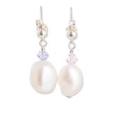 Colors on Cream,'Silver Dangle Earrings with Cultured Pearls & Crystal Beads'