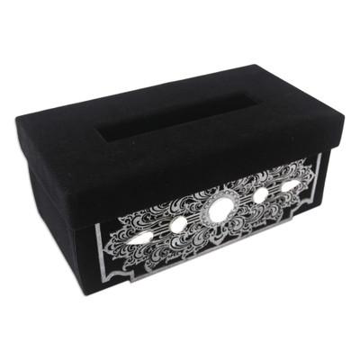 'Black Velvet Tissue Box Cover with Silver-Toned Pattern'