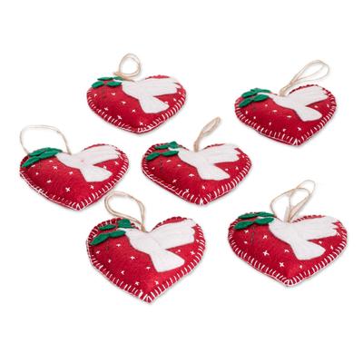 Love Doves,'Set of 6 Handmade Felt Heart Ornaments with Doves'