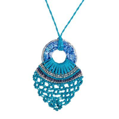 Blue Elegant Weave,'Eco Friendly Recycled CD Blue Macrame Necklace'