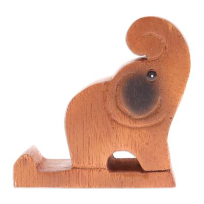 'Hand-Carved Brown Elephant Raintree Wood Phone Holder'