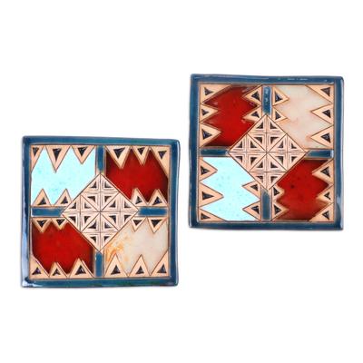 Blue Metropolis,'Pair of Handcrafted Ceramic Coasters in Blue and Red Hues'