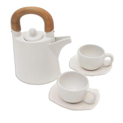 Midday Cup,'White Ceramic and Wood Tea Set for Two...