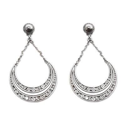 Buddha Crescents,'Sterling Silver Crescent Dangle Earrings from Bali'