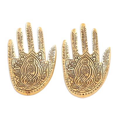 Golden Hamsa,'Hand-Shaped Aluminum Incense Holders (Pair)'