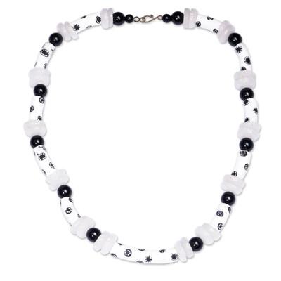 Black and White Grace,'Floral Recycled Glass Beaded Necklace in Black and White'