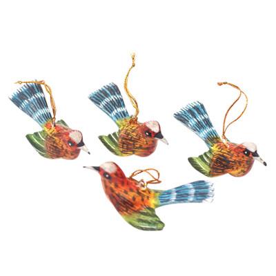 Avian Blessing,'Handcrafted Jempinis Wood Bird Ornaments (Set of 4)'