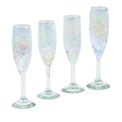 Whirling White,'Set of 4 White Handblown Champagne Flutes from Mexico'