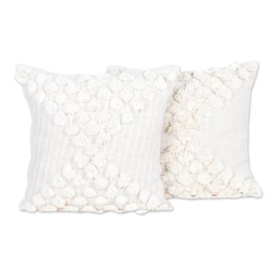 Ecru Caresses,'Pair of Cotton Cushion Covers with Ecru Embroidered Details'