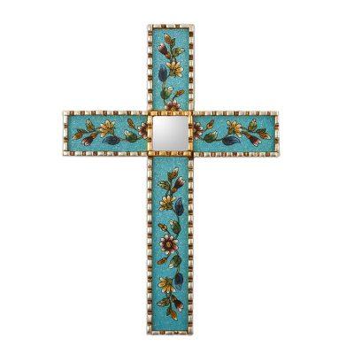 Flowers of Faith in Teal,'Hand Painted Glass and Wood Wall Cross'