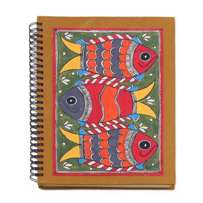 Joyful Fishes,'Madhubani Blank 40 Page Journal with Handmade paper'