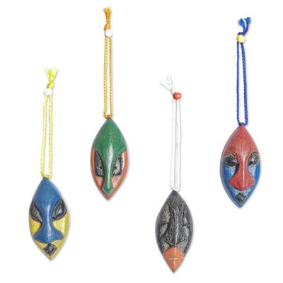 Okwonko,'Set of 4 Handcrafted Ofram Wood African Mask Ornaments'