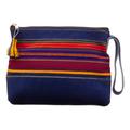 River Offerings,'Blue Suede Wristlet Bag with Hand-Woven Andean Motif'