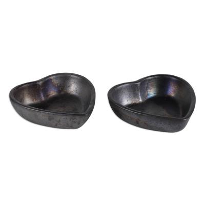 Heart Saga,'Pair of Handcrafted Heart-Shaped Black Ceramic Bowls'