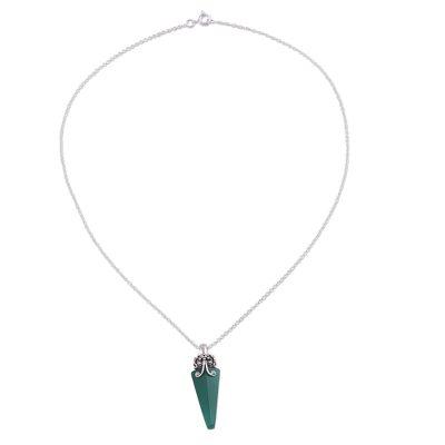 Crystal of Power in Green,'Green Onyx and Sterling Silver Pendant Necklace from India'