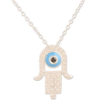 Hamsa Blessing,'Sterling Silver Hamsa Pendant Necklace with Cubic Zirconia'