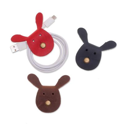 'Set of Three Handcrafted Bunny-Shaped Leather Cable Ties'