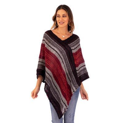 Reds and Grays,'Poncho Handmade from Baby Alpaca B...